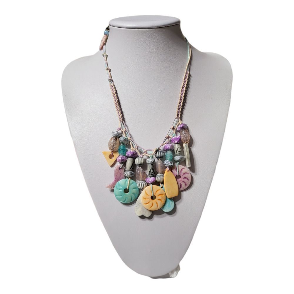 Vintage with tags Sue B Pastel Bone, Glass Beads Macrame Necklace Earring Set - Picture 6 of 6
